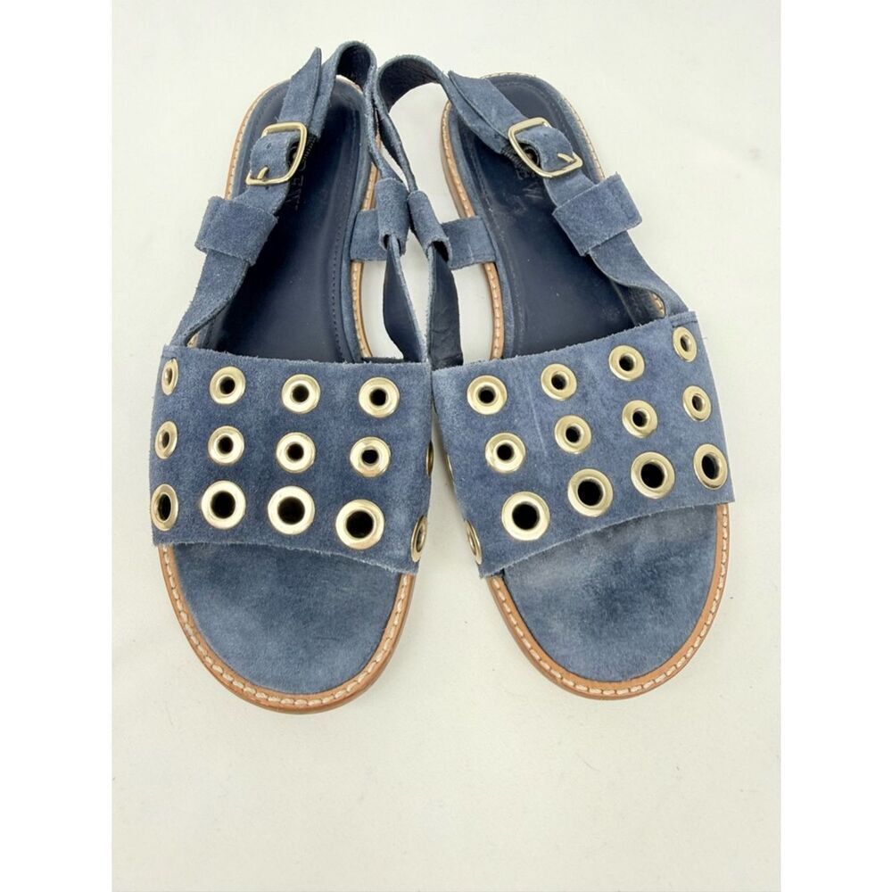 J. Crew Blue Suede Leather Gold Grommet Slingback Nautical Flat Sandals - Picture 10 of 14
